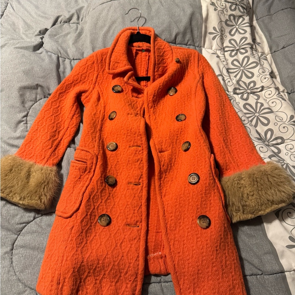 Orange Double-Breasted Coat with Faux Fur Cuffs